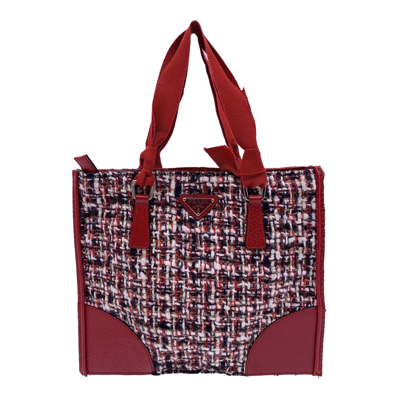 Prada Red Tweed and Leather Small Flat Tote Handbag Satchel For Sale