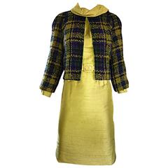 1960s I Magnin Chartreuse Green Silk Shantung 3 Piece Dress and Jacket Ensemble