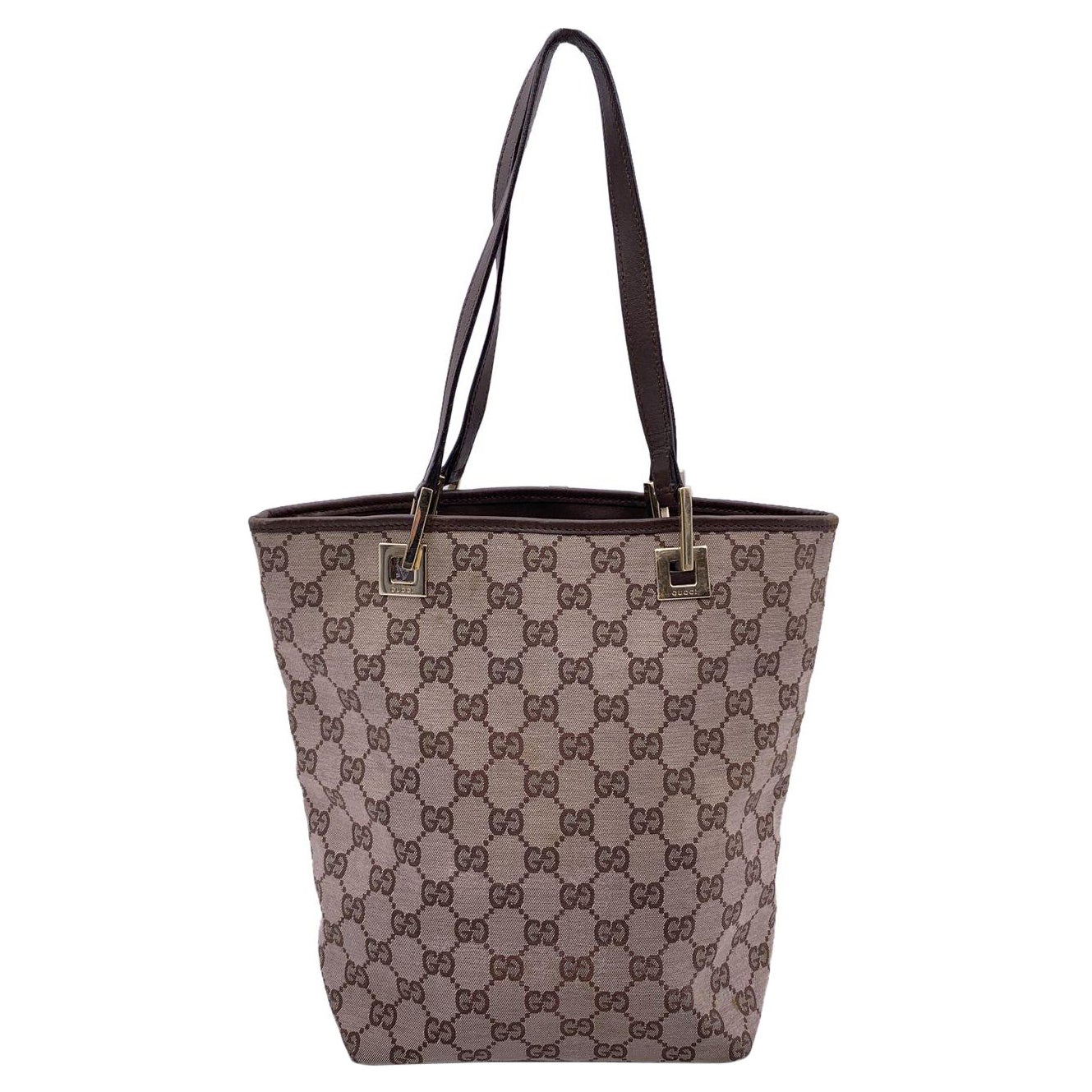 Gucci Beige Monogram Canvas Brown Leather SmallTote Handbag