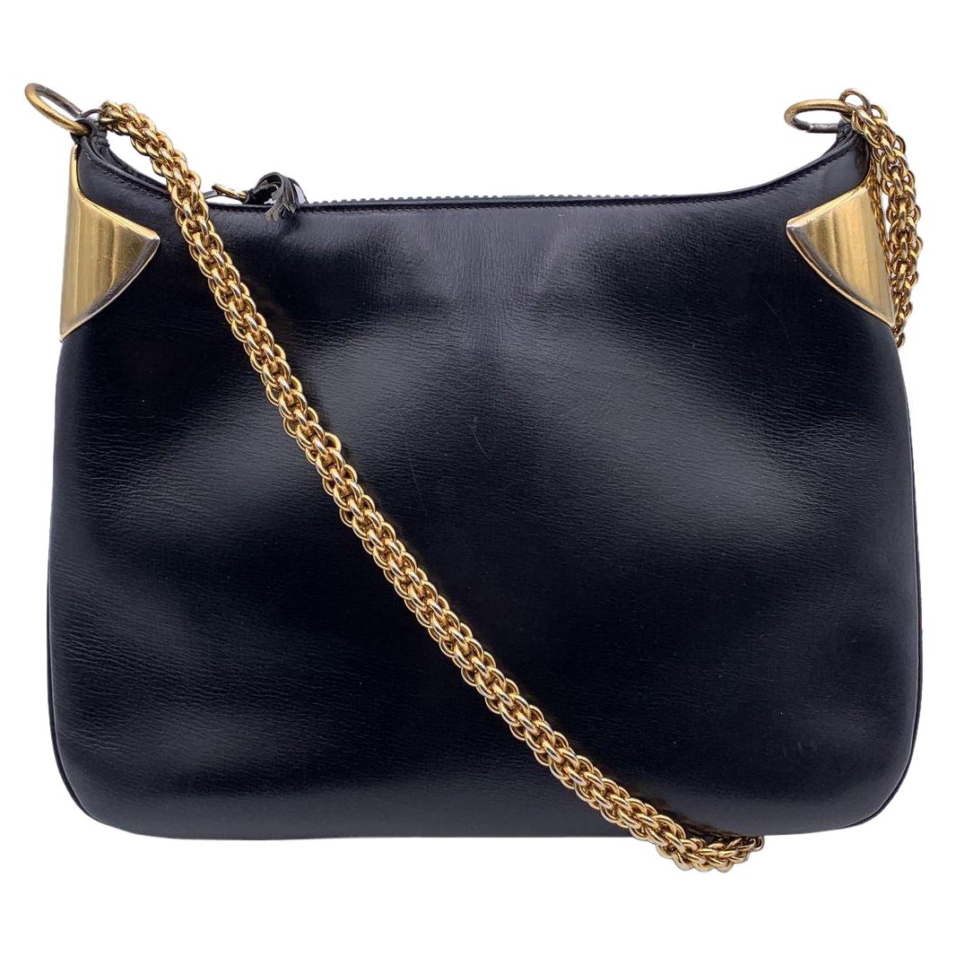 Gucci Vintage Black Leather Shoulder Bag with Chain Strap
