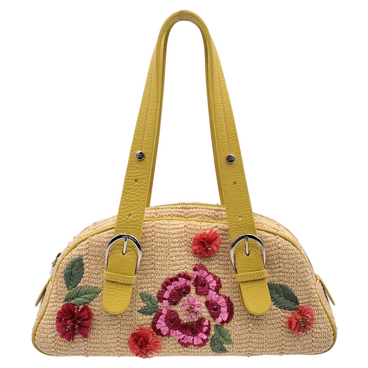 Christian Dior Limited Edition Yellow Raffia Flower Handbag For Sale