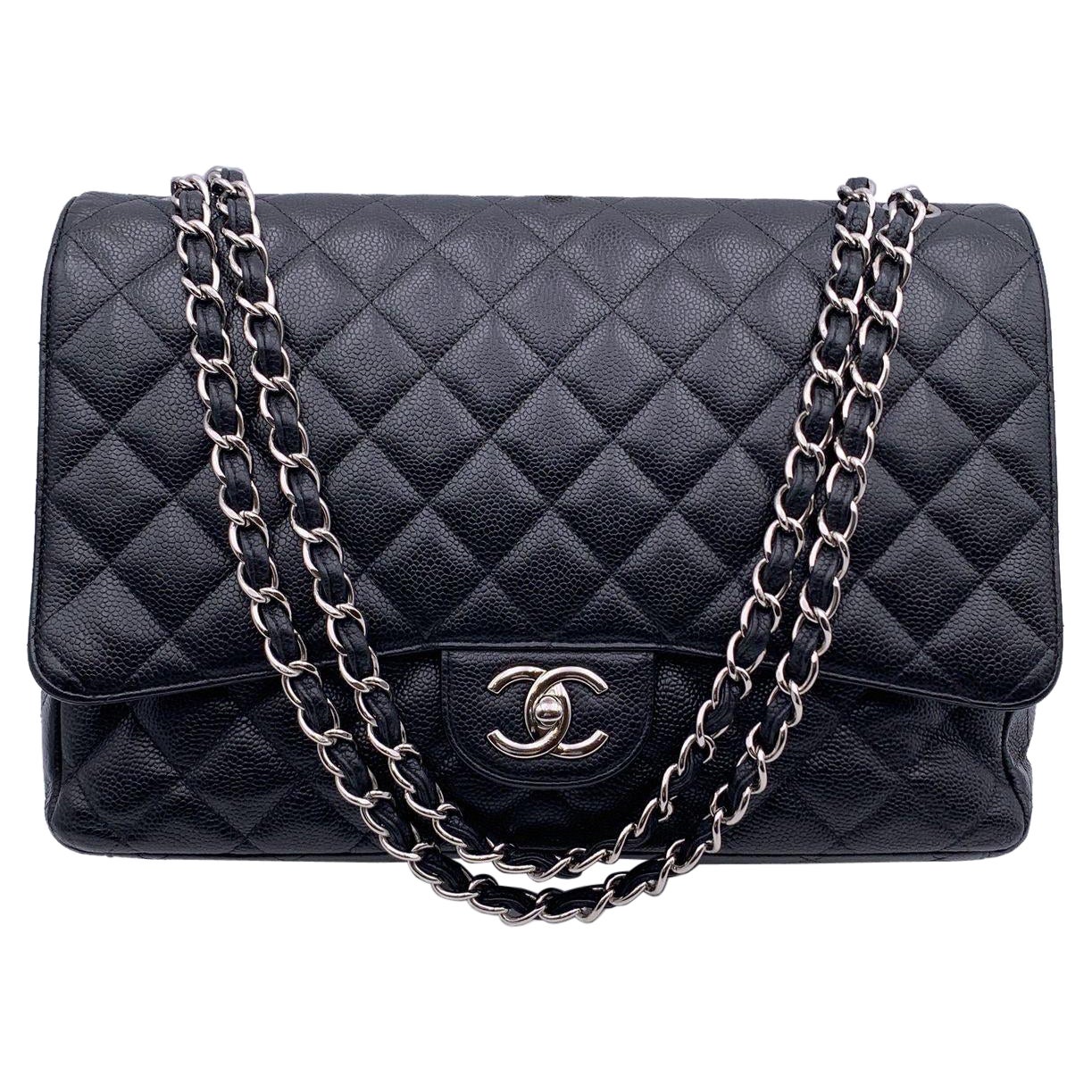 Chanel Black Quilted Caviar Maxi Timeless Classic 2.55 Double Flap Bag For Sale