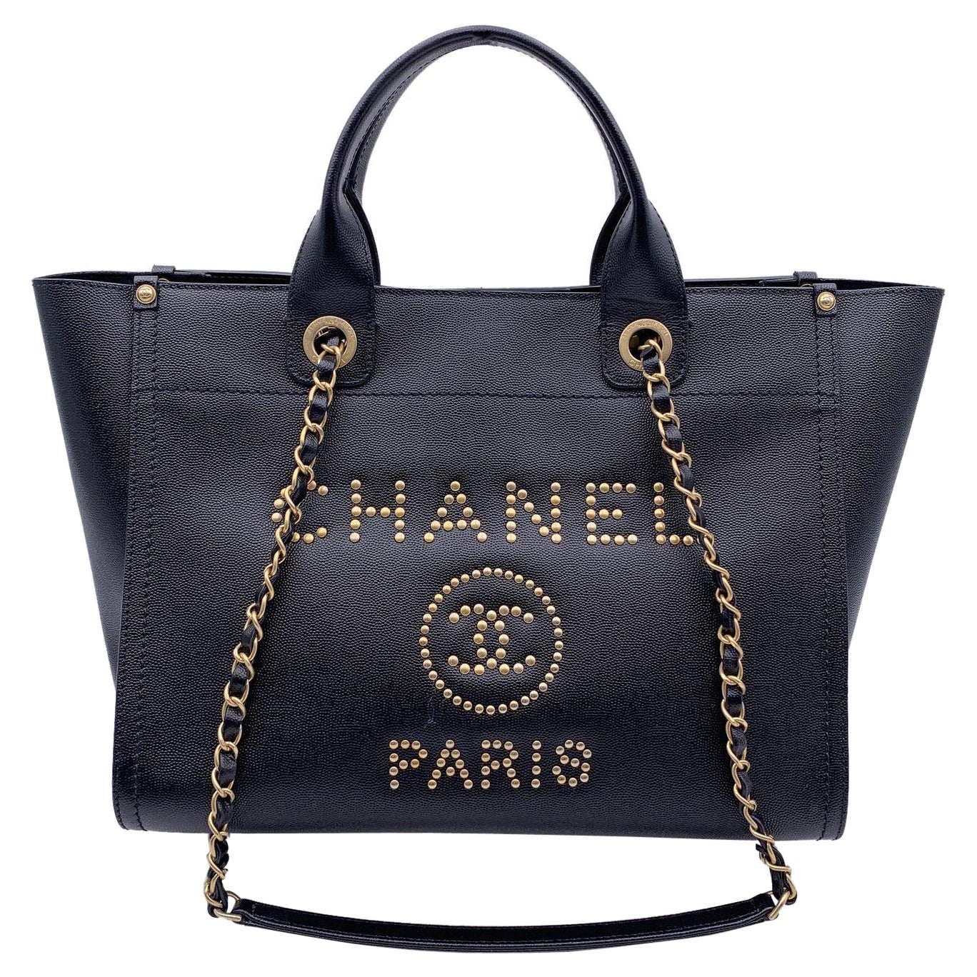 Chanel Black Caviar Leather Studded Deauville Tote Shoulder Bag