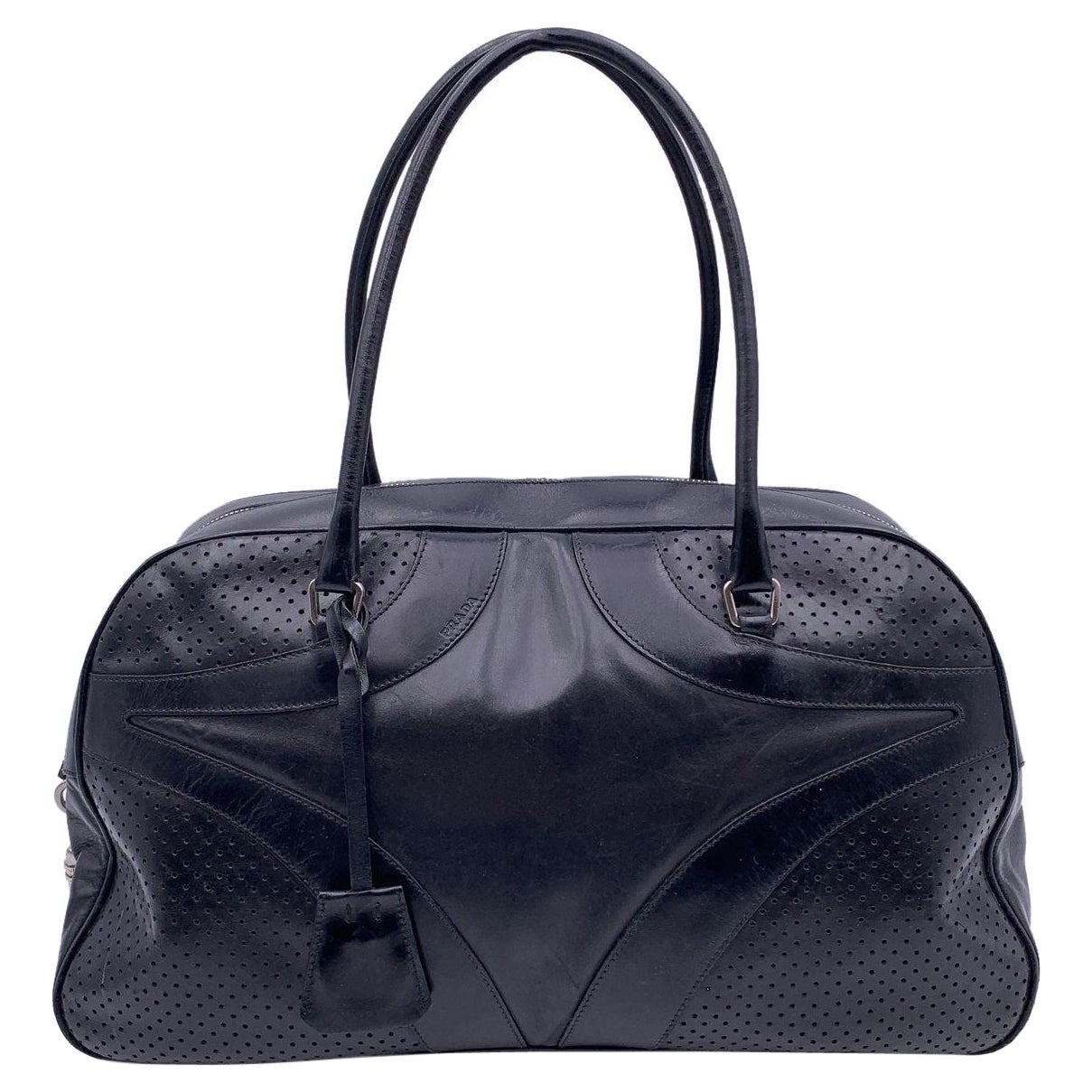 Prada Black Leather Bowling Bag Satchel Bowler Handbag