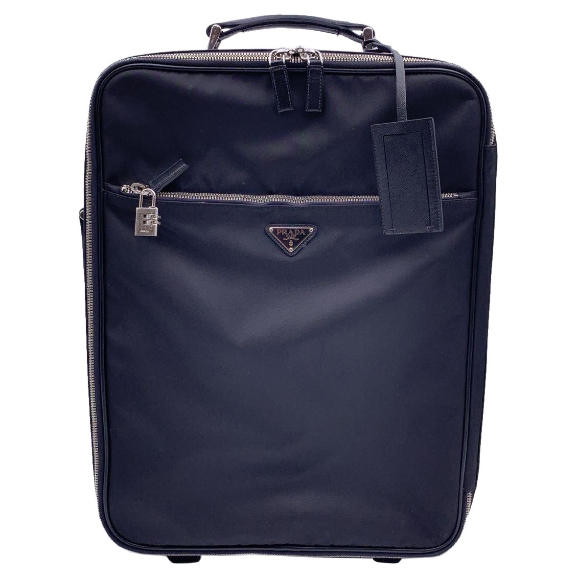 Prada Schwarze Nylon Rolling Suitcase Reisetasche/Gepäcktasche