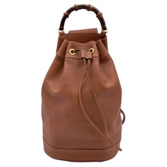 Gucci Retro Tan Leather Bamboo Bucket One Shoulder Backpack