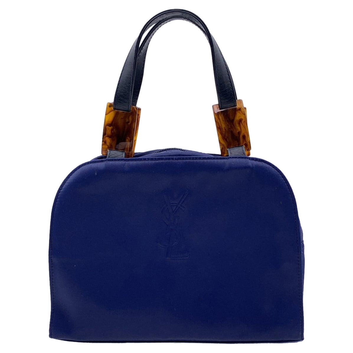 Yves Saint Laurent Vintage Blue Satin YSL Logo Satchel Handbag For Sale