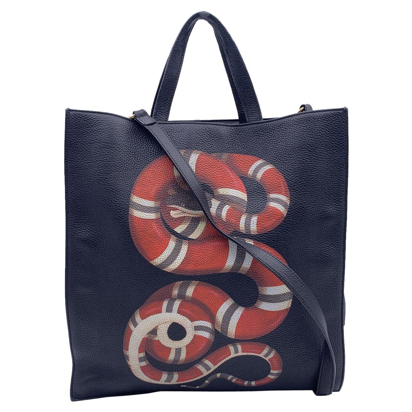 Gucci Black Leather Kingsnake Snake Print Tote Bag with Strap