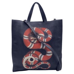 Gucci Black Leather Kingsnake Snake Print Tote Bag with Strap