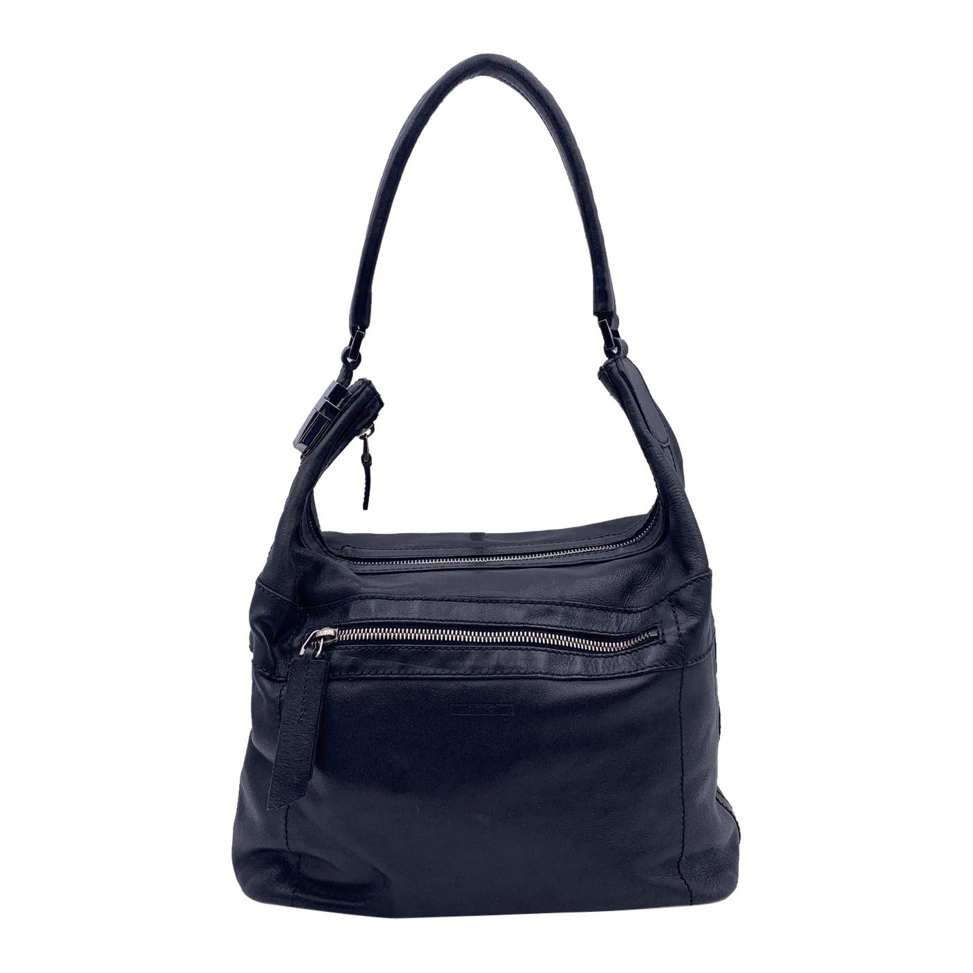 Gucci Black Leather Front Zip Pocket Tote Shoulder Bag For Sale