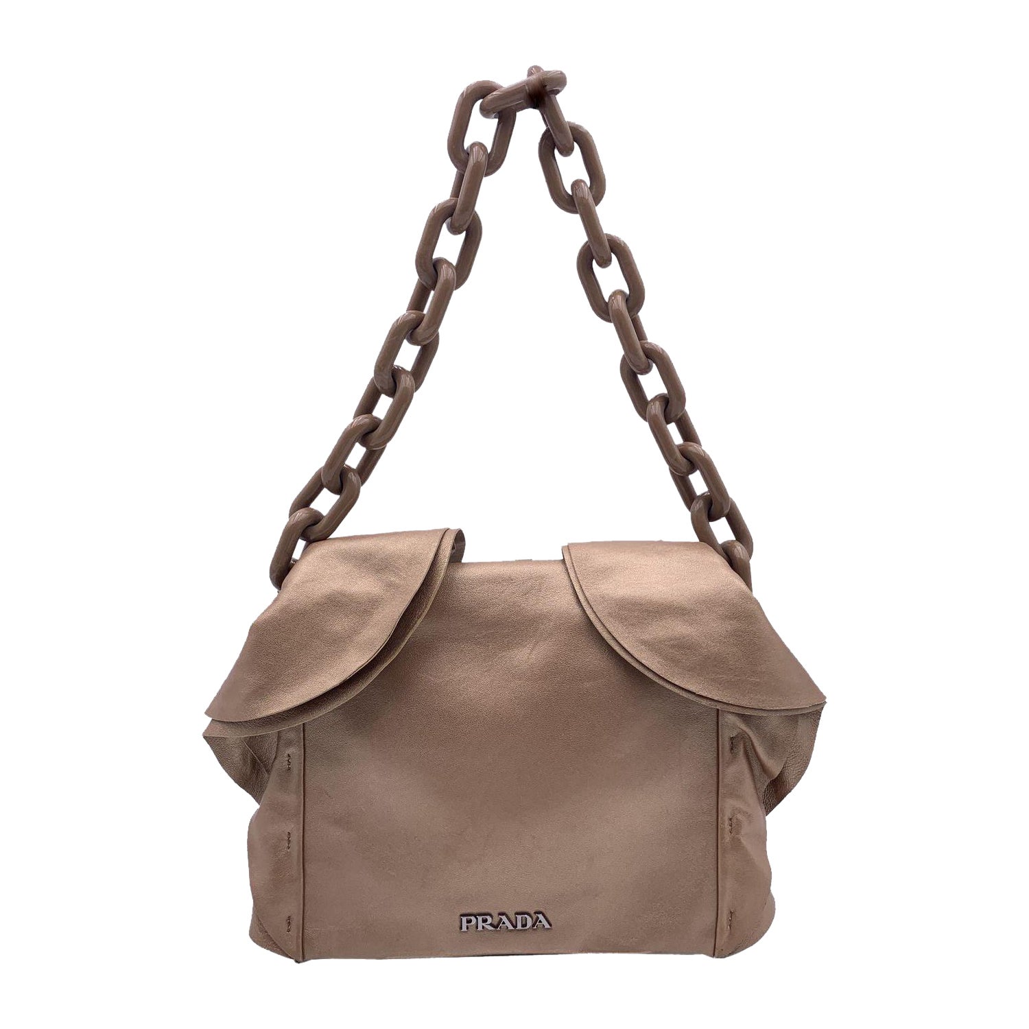 Prada Beige Metallic Leather Ruffle Shoulder Bag Lucite Chain Strap For Sale