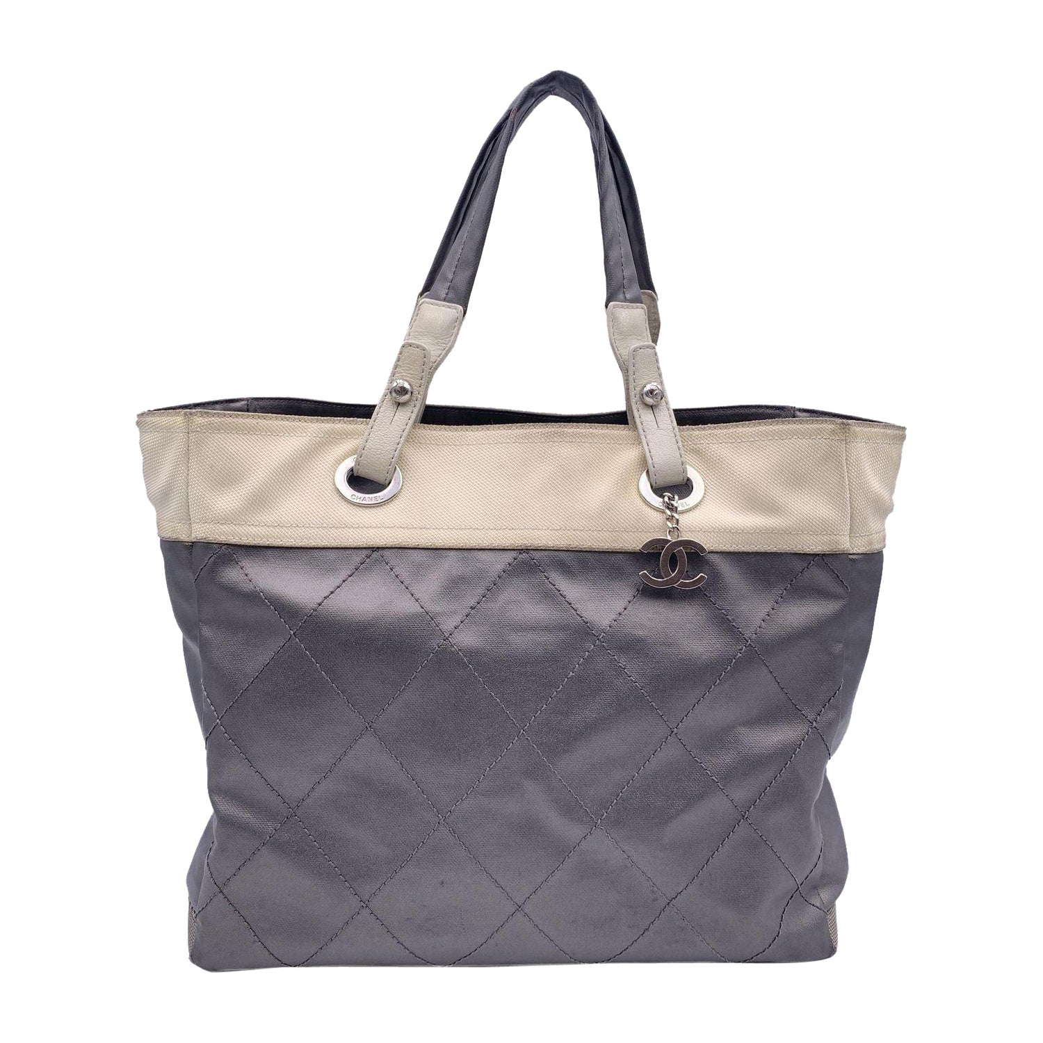 Chanel Gray Metallic Quilted Canvas Paris Biarritz Tote Bag For Sale