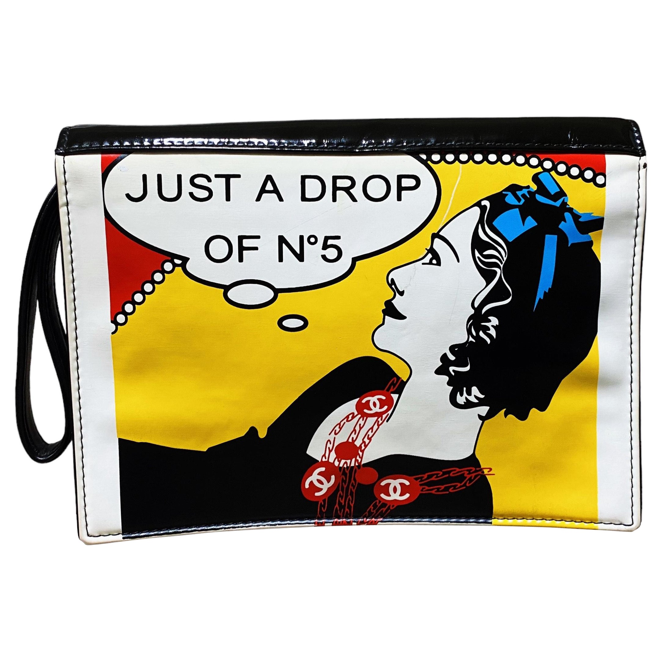 Vintage Rare 90's CHANEL Mademoiselle Comic Clutch - "JUST A DROP OF NO. 5" For Sale
