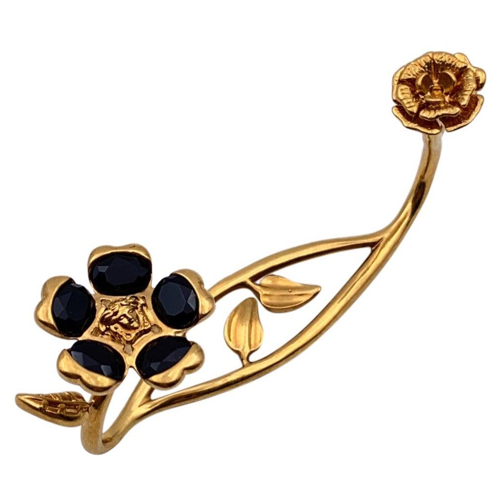 Versace Gold Metal Garden V-Floral Hand Cuff Bracelet Black For Sale