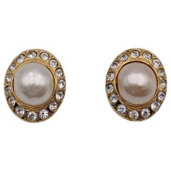 Chanel Vintage Gold Metal Faux Pearls Rhinestones Clip On Earrings