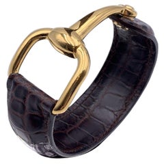 Gucci Vintage Brown Leather Bangle Cuff Belt Bracelet Gold Horsebit