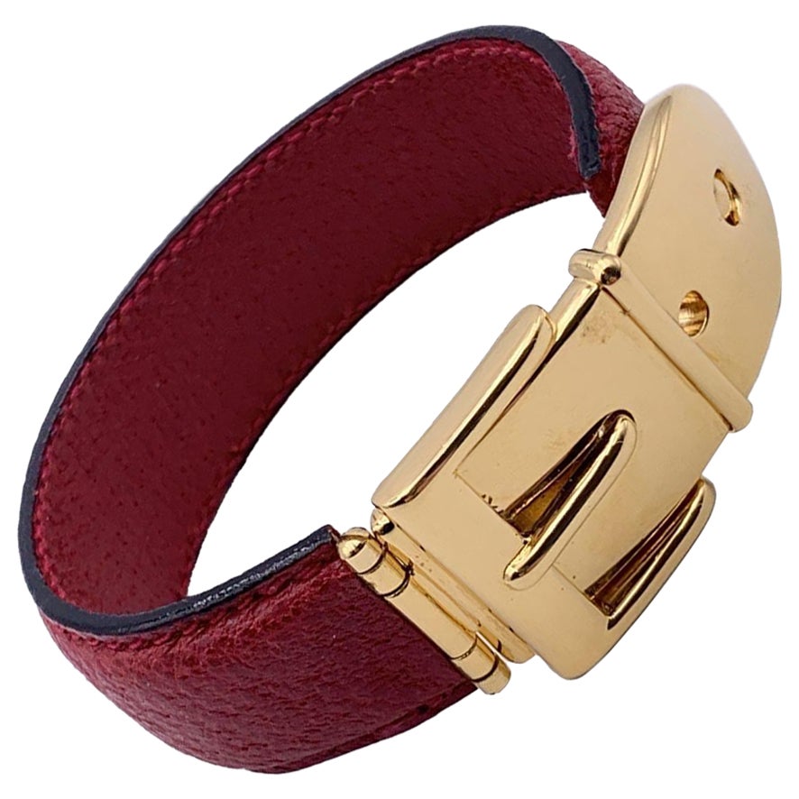 Gucci Vintage Red Leather Belt Bangle Cuff Bracelet Gold Buckle
