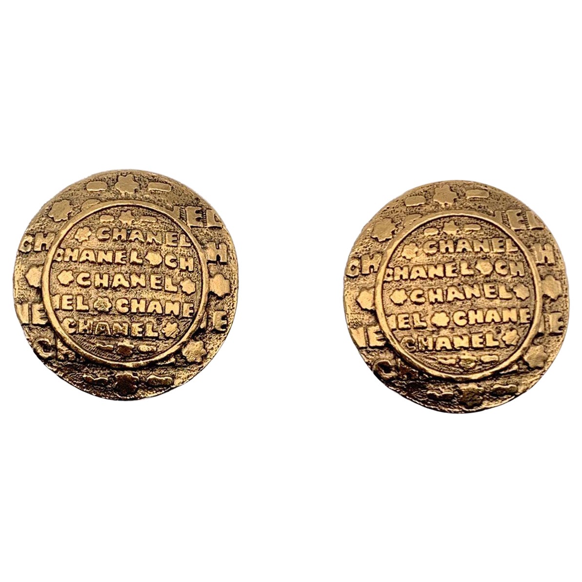 Chanel Vintage Gold Metal Round Embossed Clip On Earrings