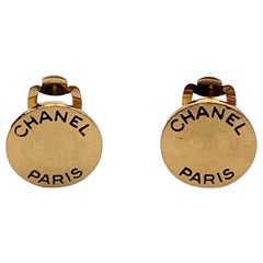 Chanel Paris Retro Gold Metal Small Round Logo Clip On Earrings