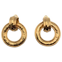Chanel Used Gold Metal Hoop Door Knocker Clip On Earrings