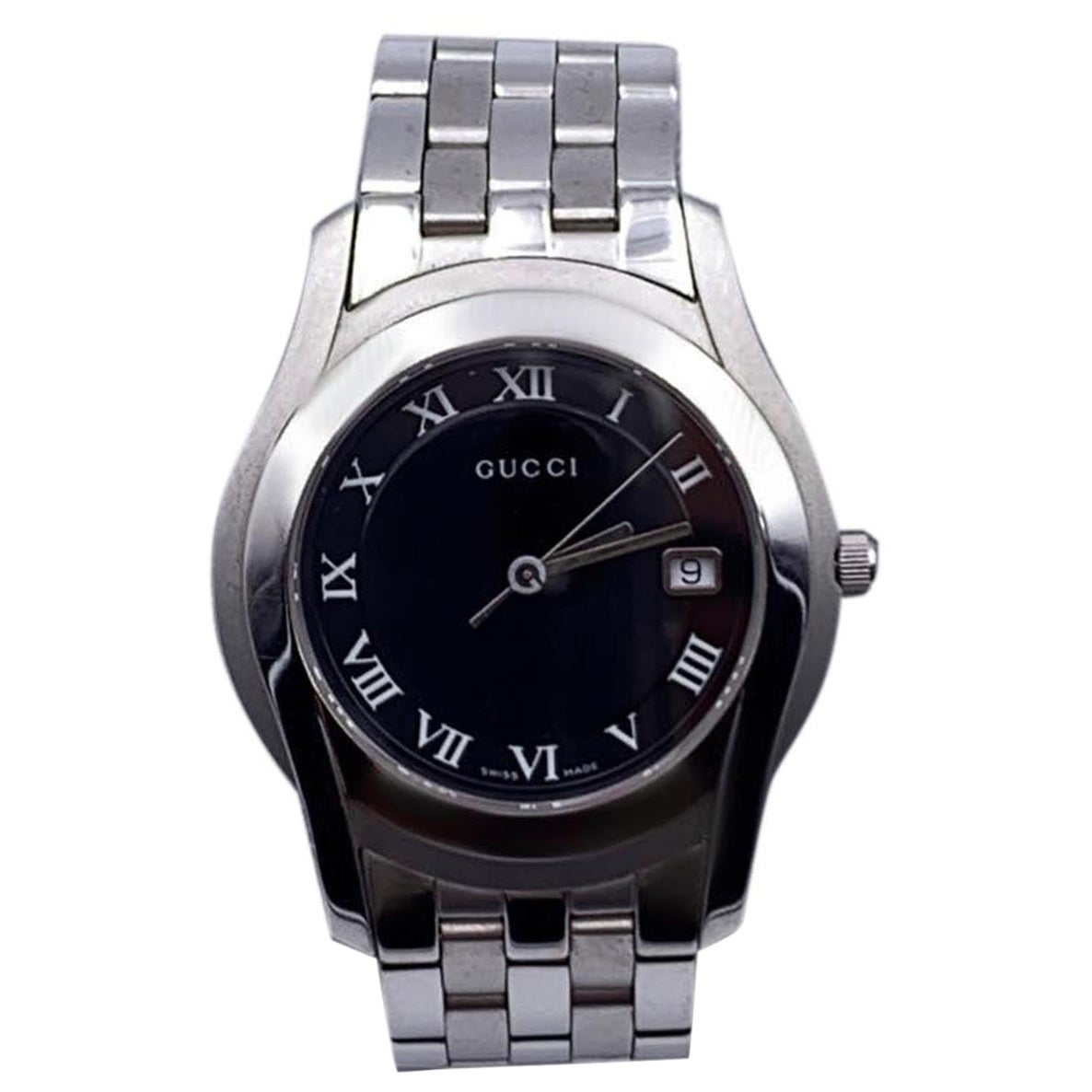 Gucci Silver Stainless Steel Mod 5500 M Quartz Wrist Watch Black For Sale