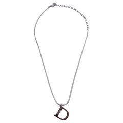 Vintage Christian Dior Silver Metal D Logo Pendant Chain Necklace