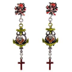 Vintage 1980s Jean Paul Gaultier Paris Gothic Dangling Clip on Earrings Skull & Cross