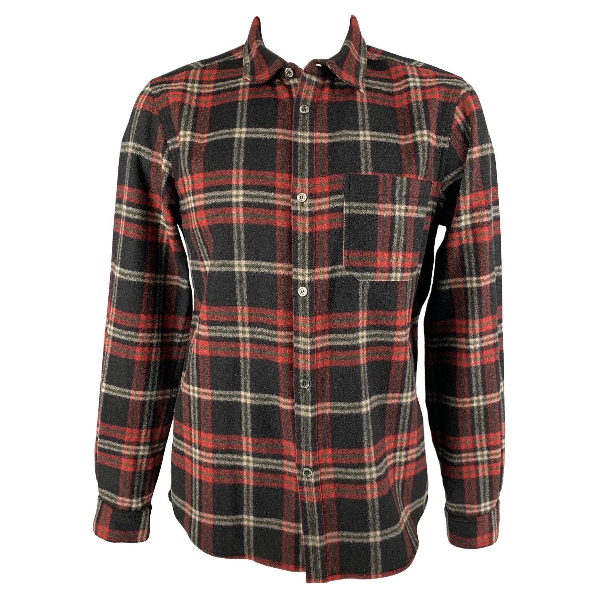 A.P.C. Size XL Black Red White Plaid Wool Nylon Button Up Long Sleeve Shirt For Sale