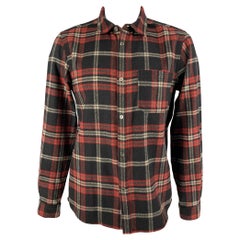 A.P.C. Size XL Black Red White Plaid Wool Nylon Button Up Long Sleeve Shirt (Chemise à manches longues avec boutons en nylon)