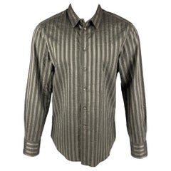 EMPORIO ARMANI, chemise à manches longues grise à rayures olives en coton et viscose, taille L