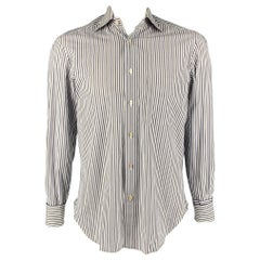 KITON Taille M Chemise à manches longues en coton à rayures blanches, grises et bleues