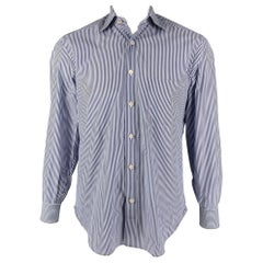 KITON Größe M Weißes marineblaues langärmeliges Hemd aus Baumwolle mit Streifen