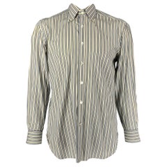 KITON Size L Cream, Black &  Blue Stripe Cotton Button Down Long Sleeve Shirt