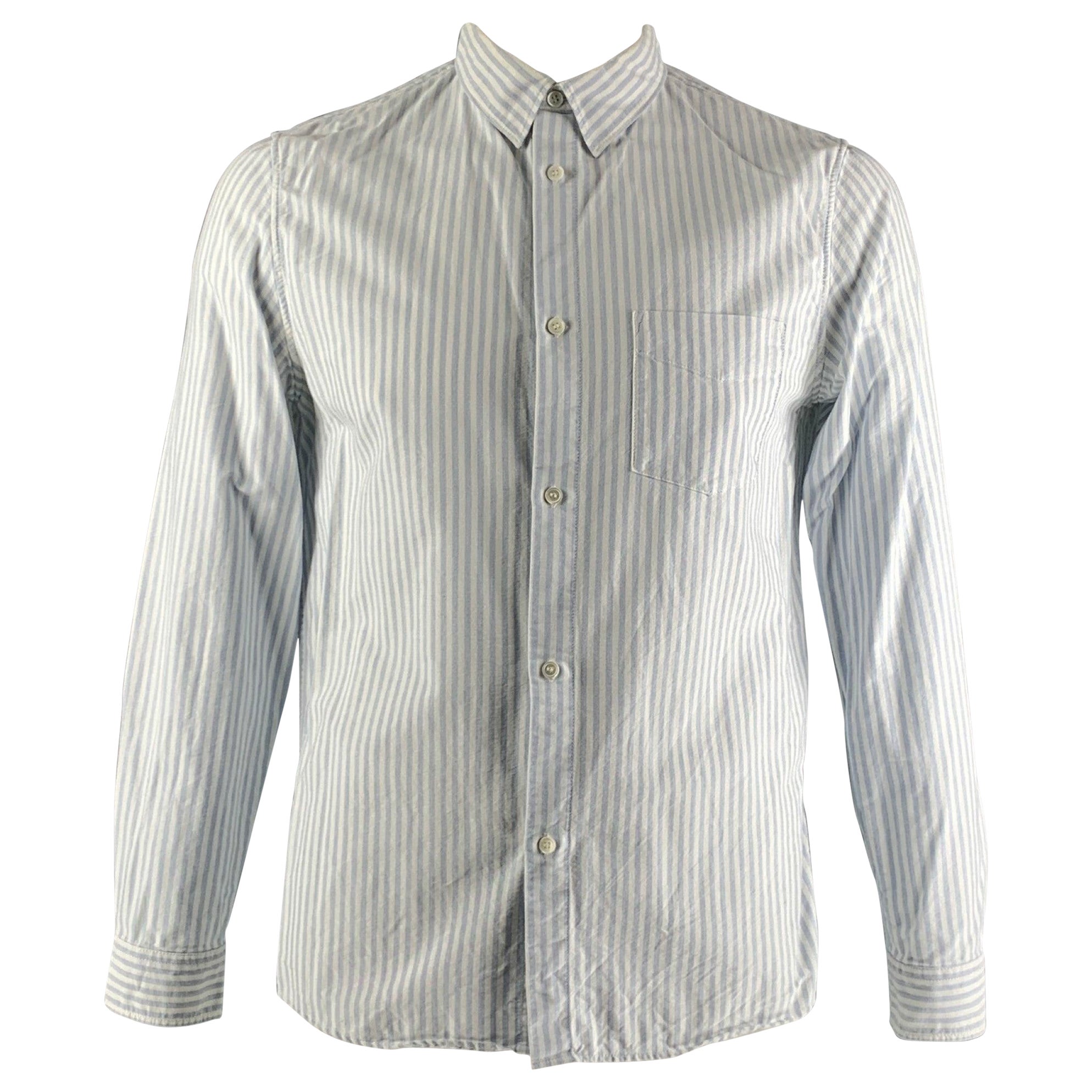 A.P.C. Size XL White Light Blue Stripe Cotton Button Down Long Sleeve Shirt For Sale