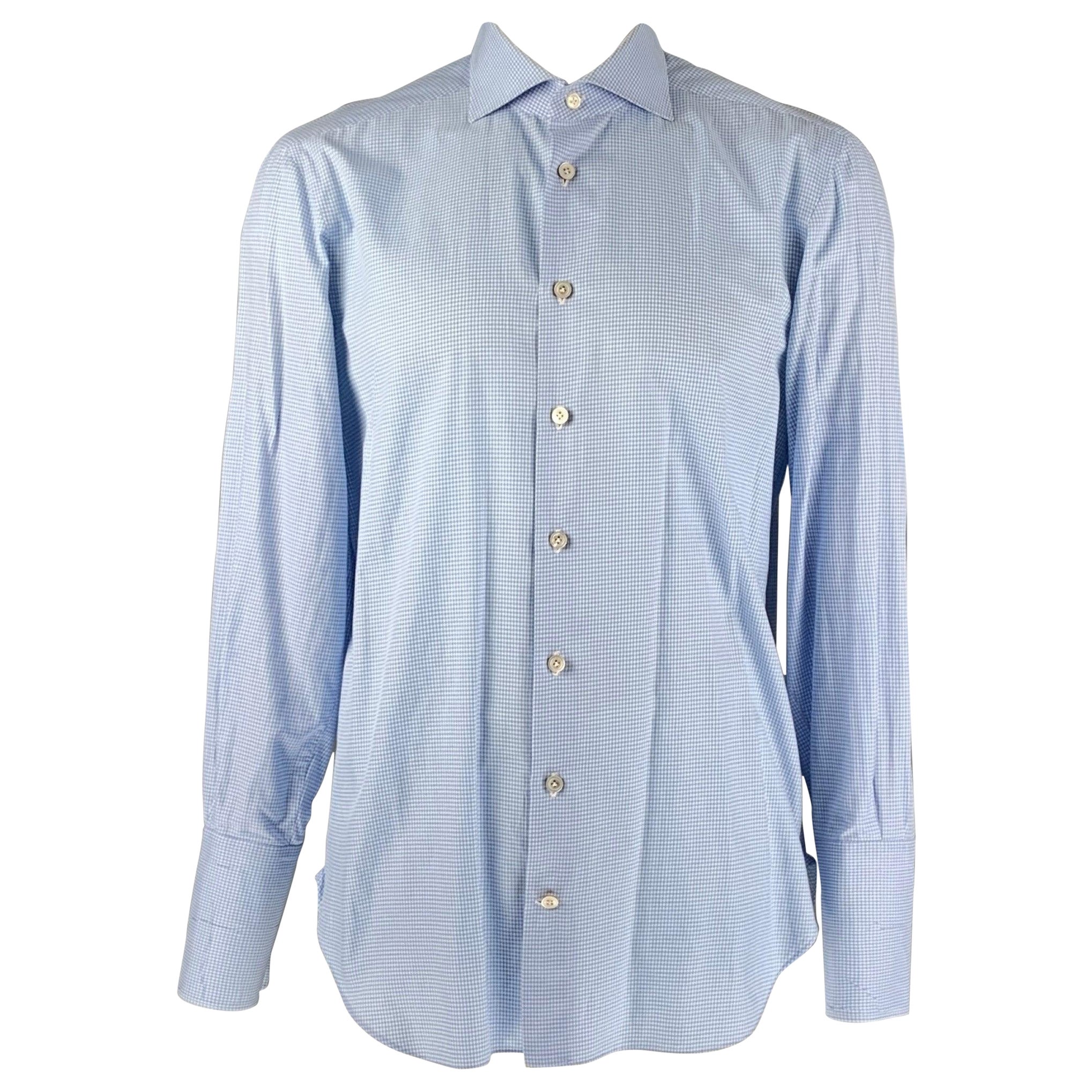KITON - Chemise à manches longues en coton vichy blanc et bleu clair avec boutons, taille XL en vente