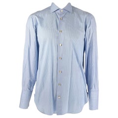KITON - Chemise à manches longues en coton vichy blanc et bleu clair avec boutons, taille XL