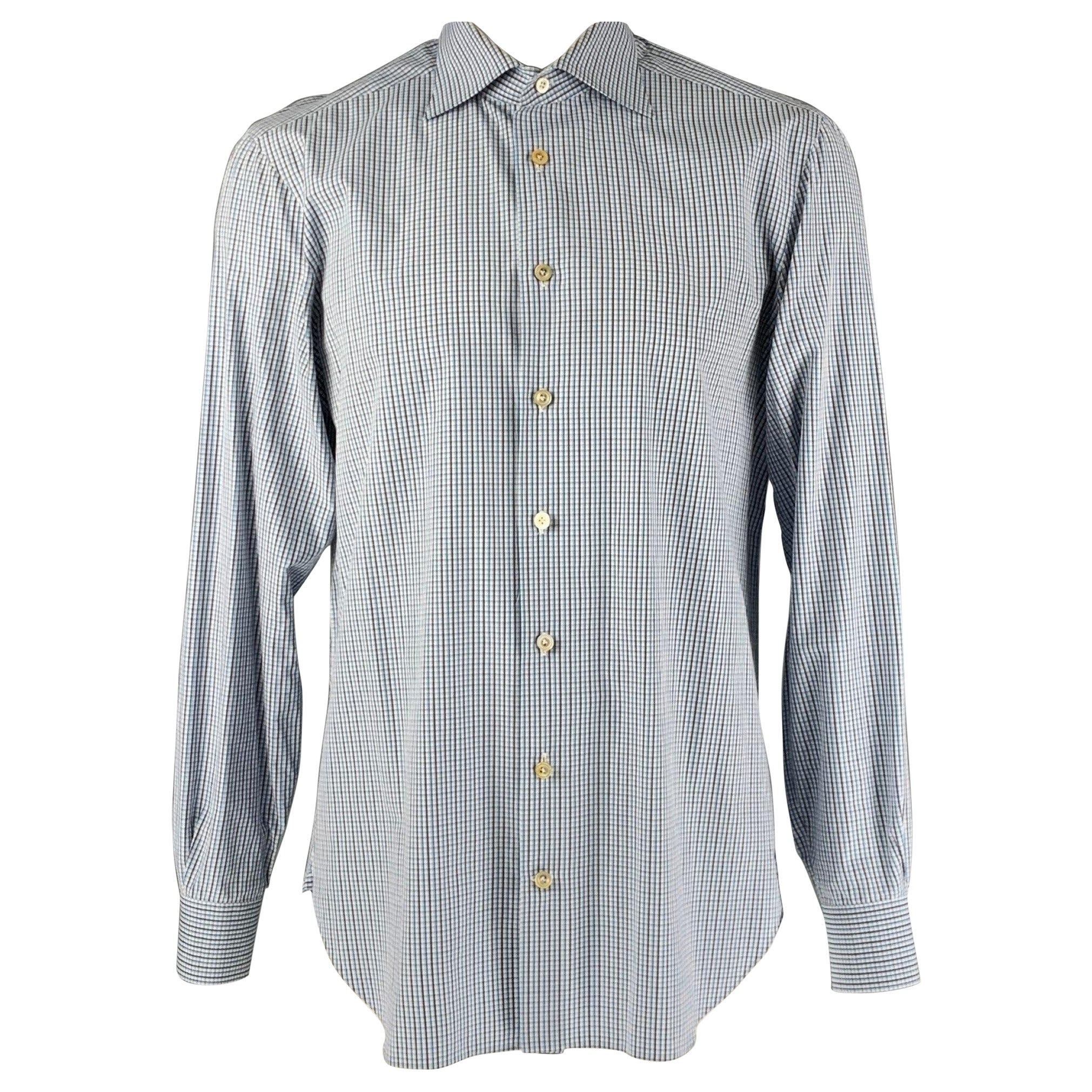 KITON - Chemise à manches longues en coton à carreaux blancs, bleus et gris, boutonnée, taille XL en vente