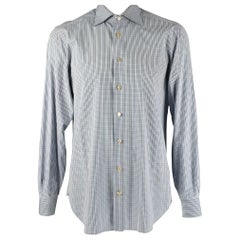 KITON Größe XL Weißes, blaues und graues kariertes langärmeliges Baumwollhemd mit Knopfleiste