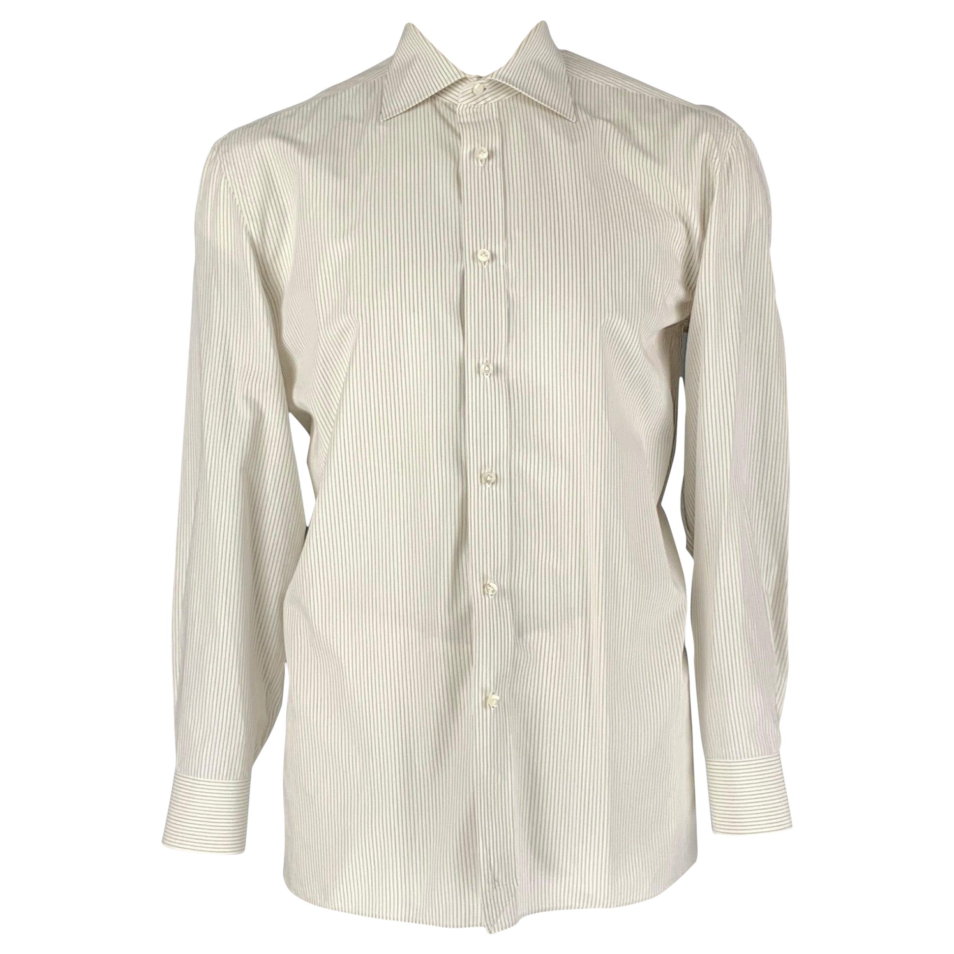BORRELLI Size L White Stripe Cotton Button Up  Long Sleeve Shirt For Sale