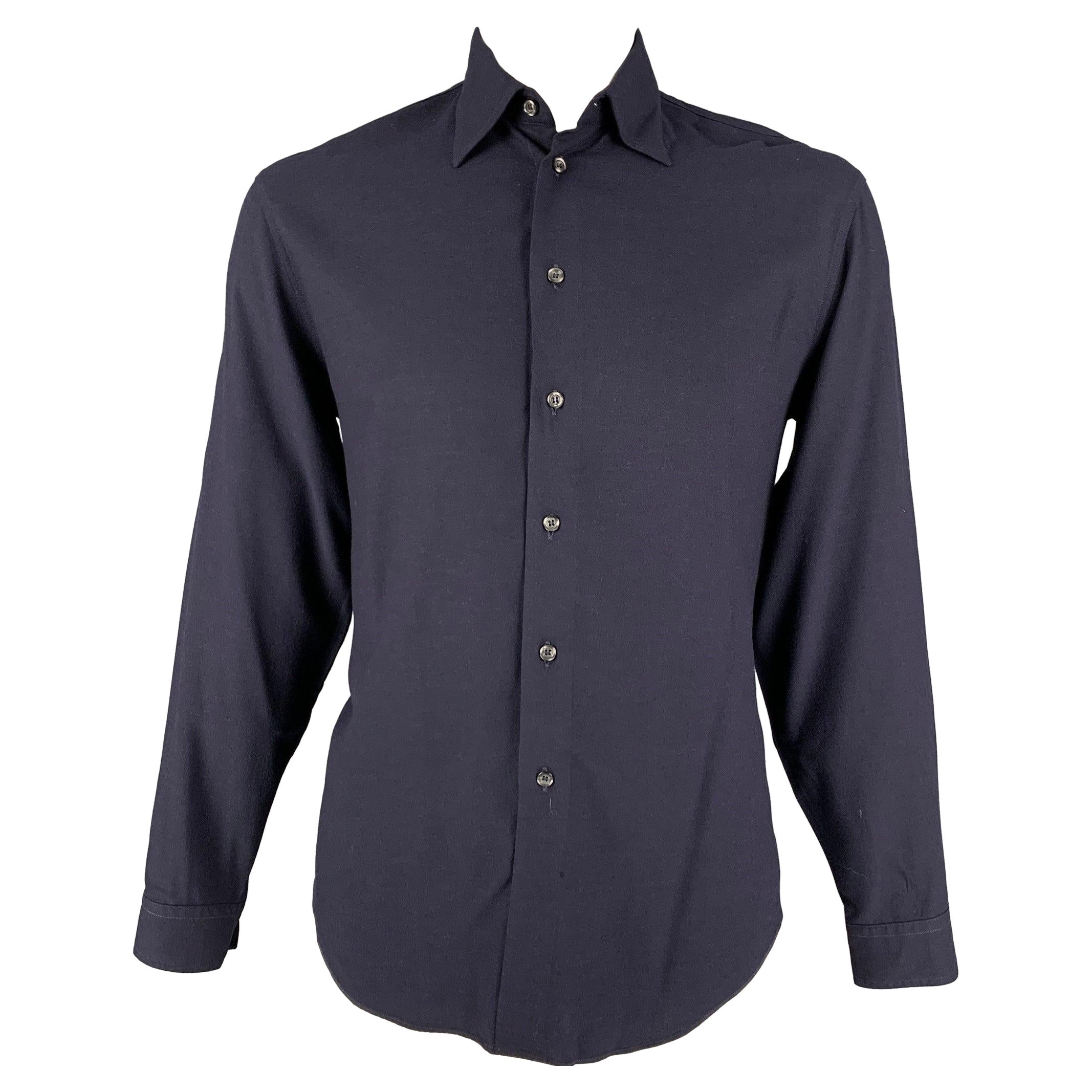 EMPORIO ARMANI Size M Navy Viscose Button Up Long Sleeve Shirt For Sale