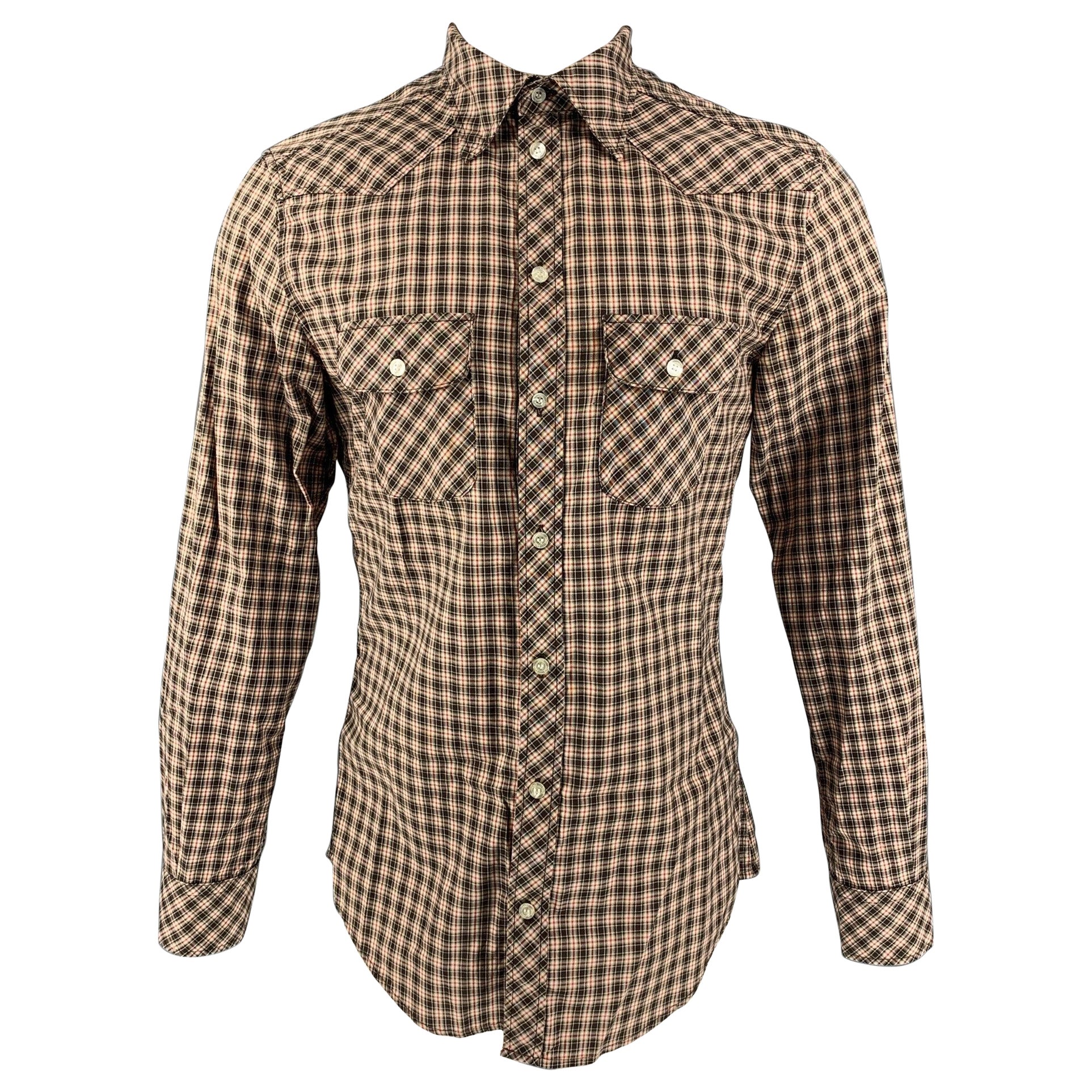 D&G by DOLCE & GABBANA Brad Size 40 Brown White Red Checkered Long Sleeve Shirt For Sale