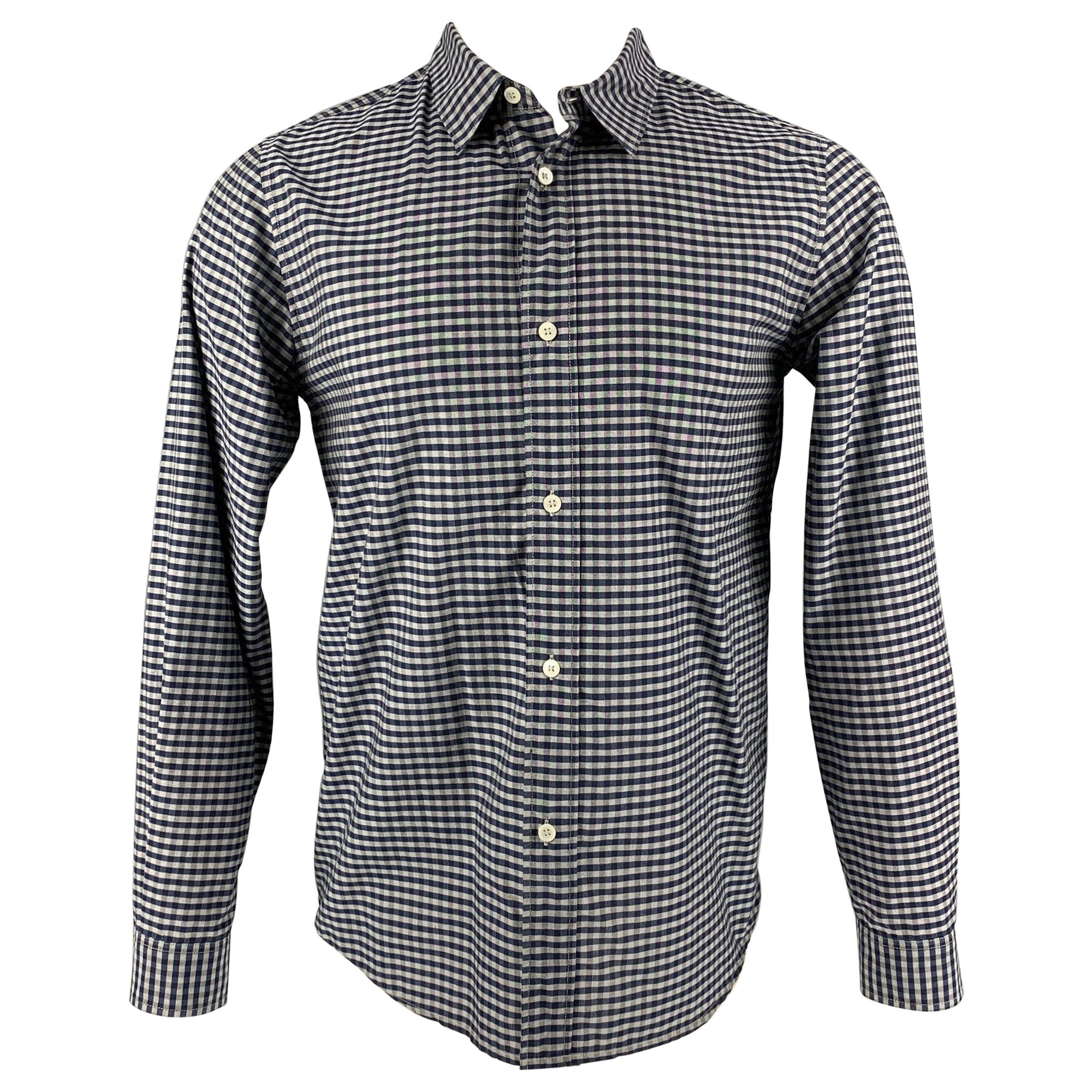 A.P.C. Size S Blue Checkered Cotton Button Down Long Sleeve Shirt For Sale