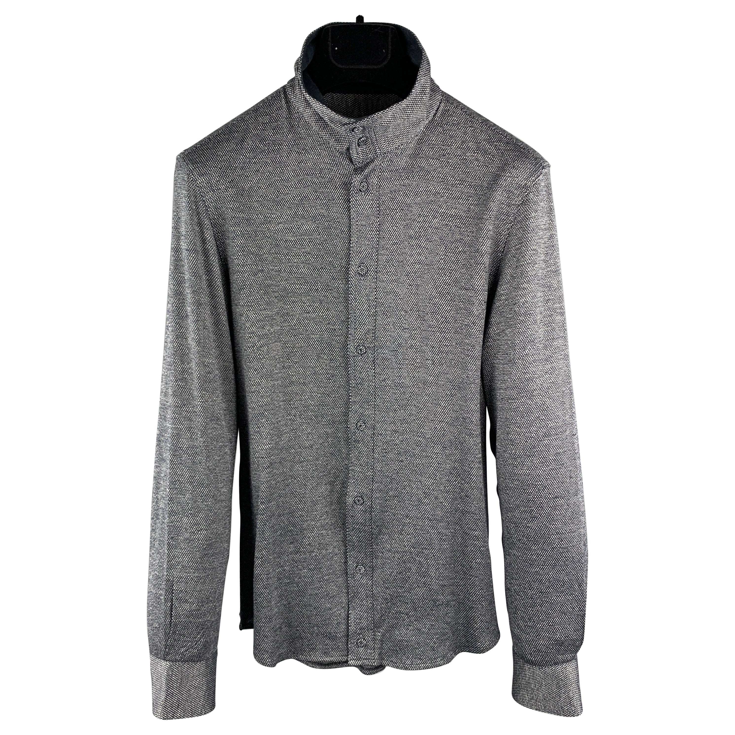 EMPORIO ARMANI Size S Grey & Navy Nailhead Cotton High Collar Long Sleeve Shirt For Sale