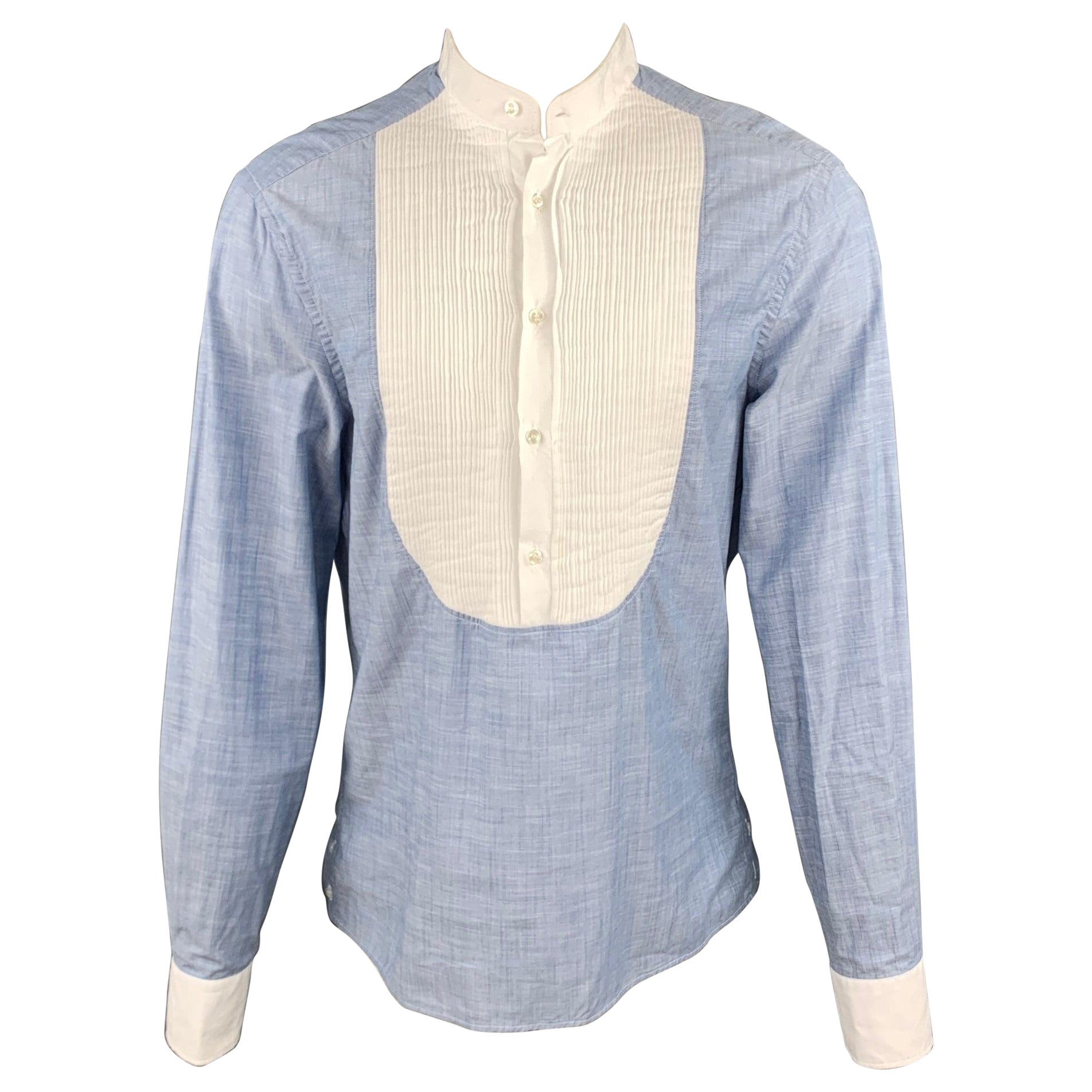 MICHAEL BASTIAN Size L Blue & White Pleated Cotton Long Sleeve Shirt For Sale