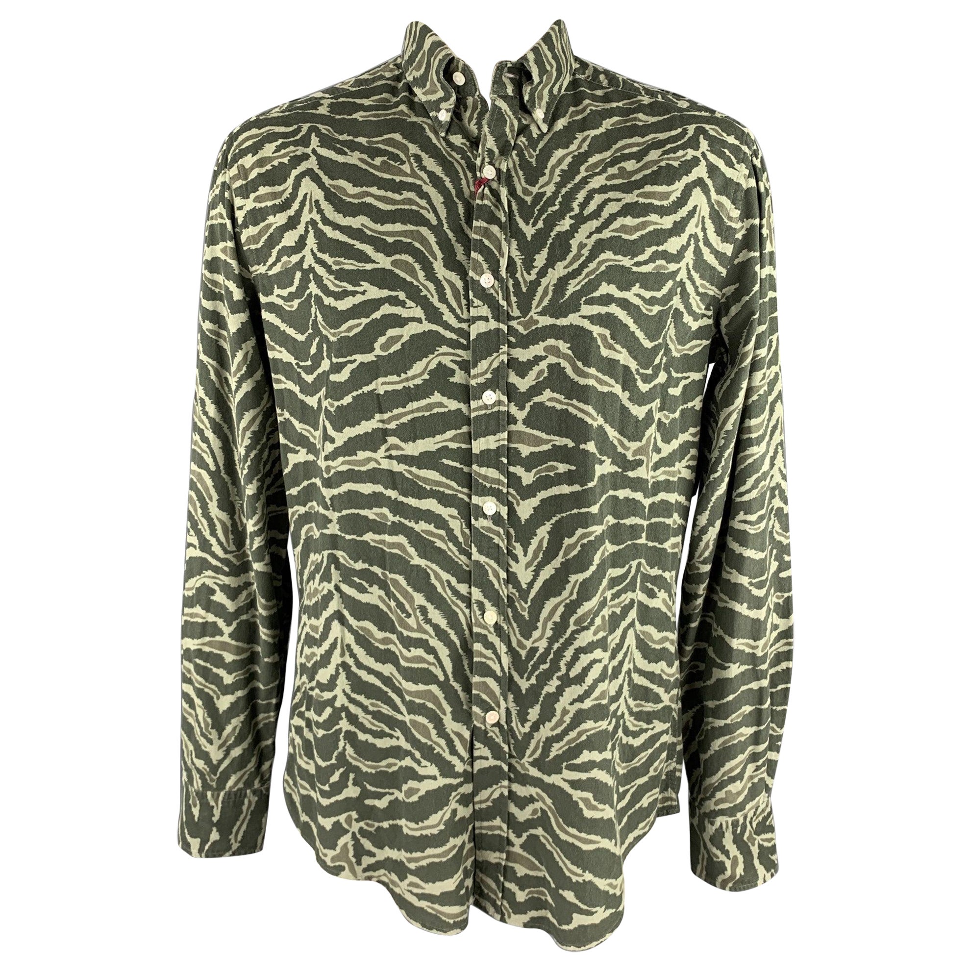 MICHAEL BASTIAN Size XXL Olive Print Cotton Button Down Long Sleeve Shirt For Sale