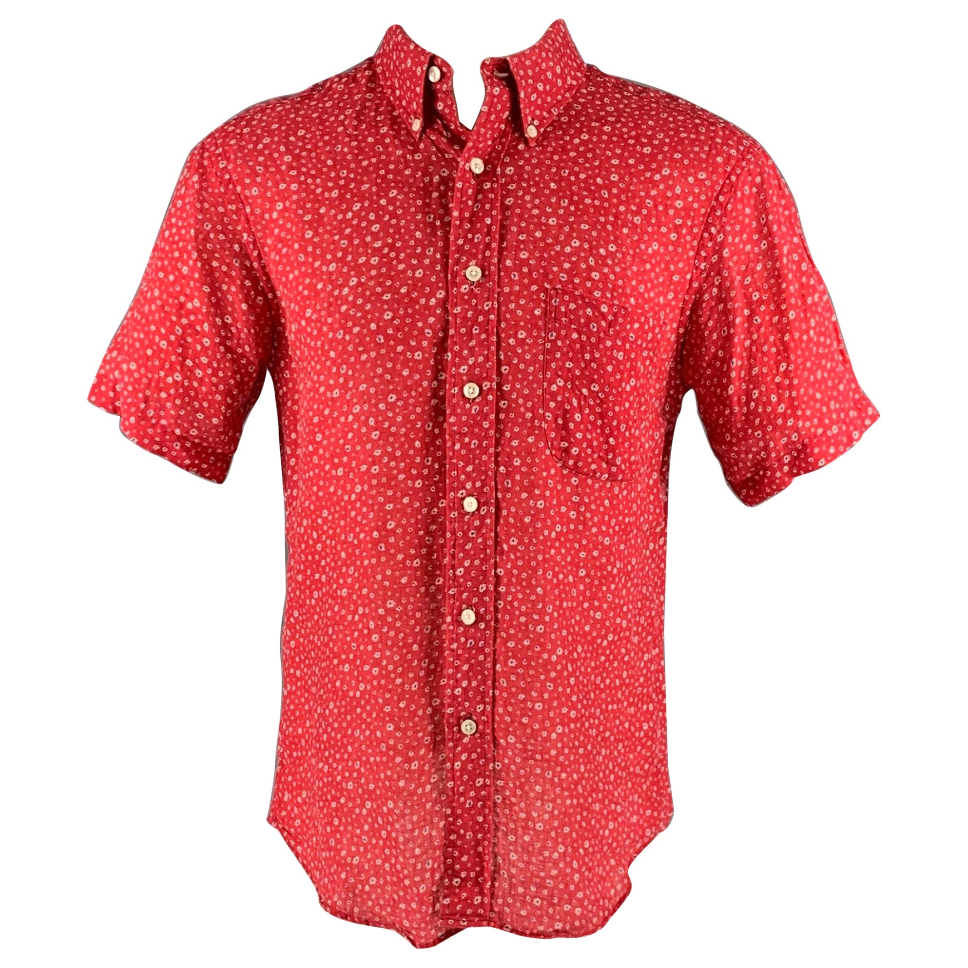 UNIONMADE Size M Red White Floral Linen Short Sleeve Shirt For Sale