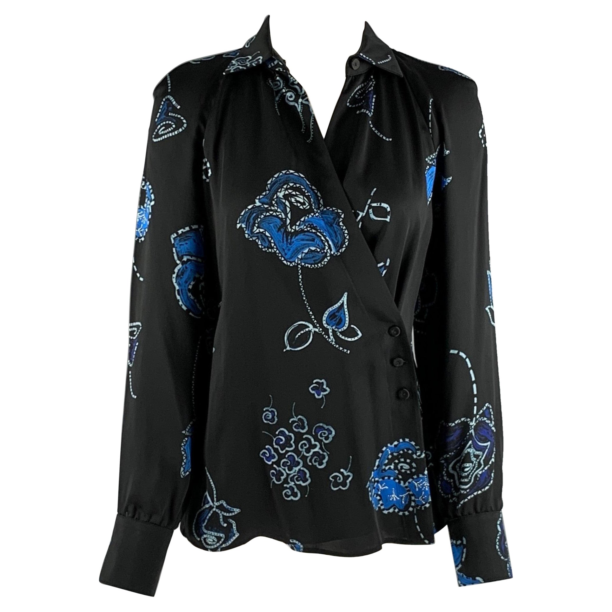 EMPORIO ARMANI Size 2 Black Blue Viscose Floral Blouson Casual Top For Sale
