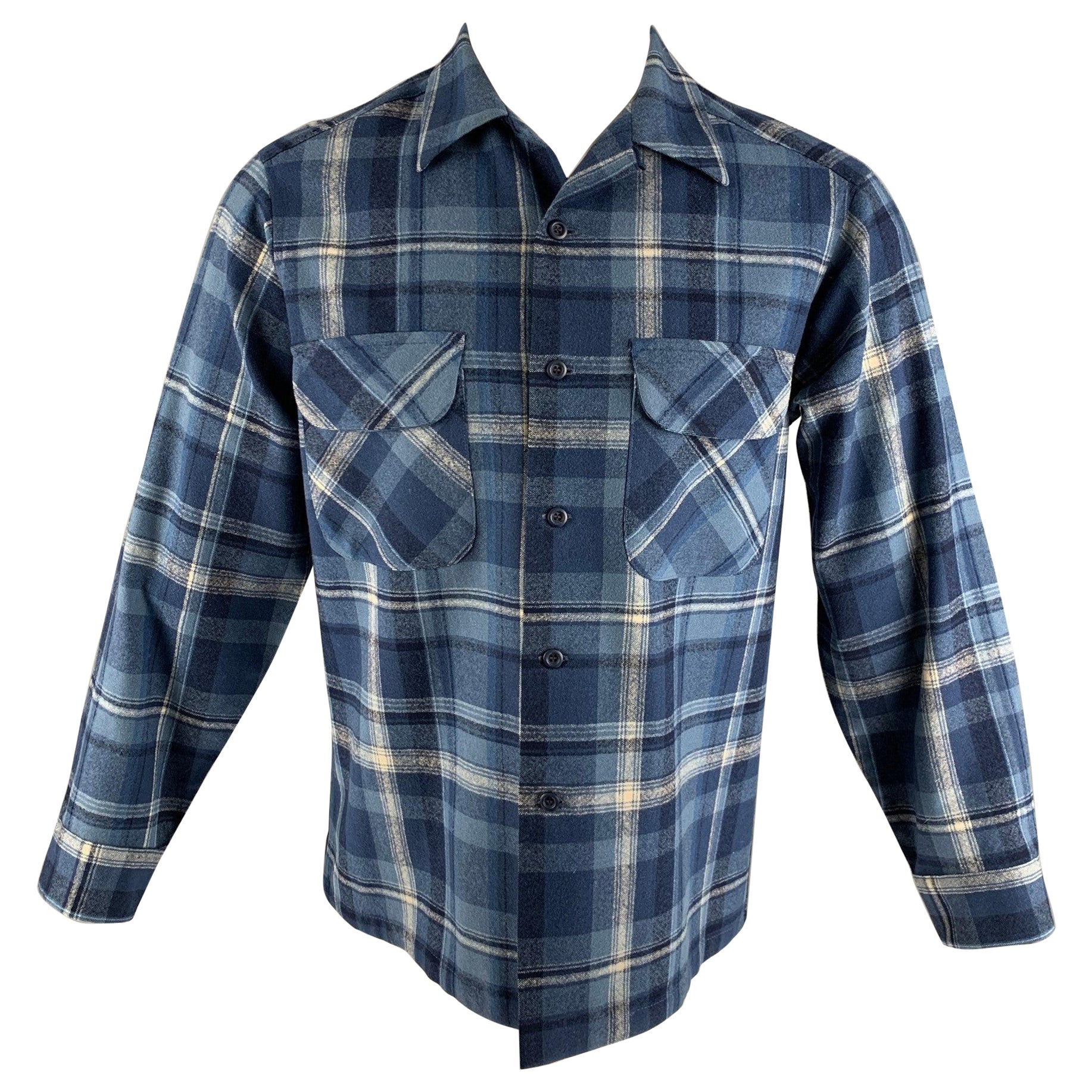 PENDLETON Size M Blue Navy Plaid Virgin Wool Long Sleeve Shirt For Sale