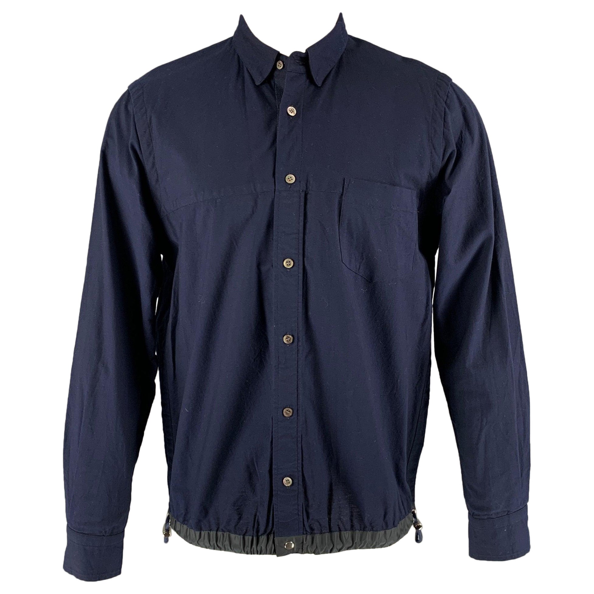 SACAI Size M Navy Solid Cotton Button Up Long Sleeve Shirt For Sale