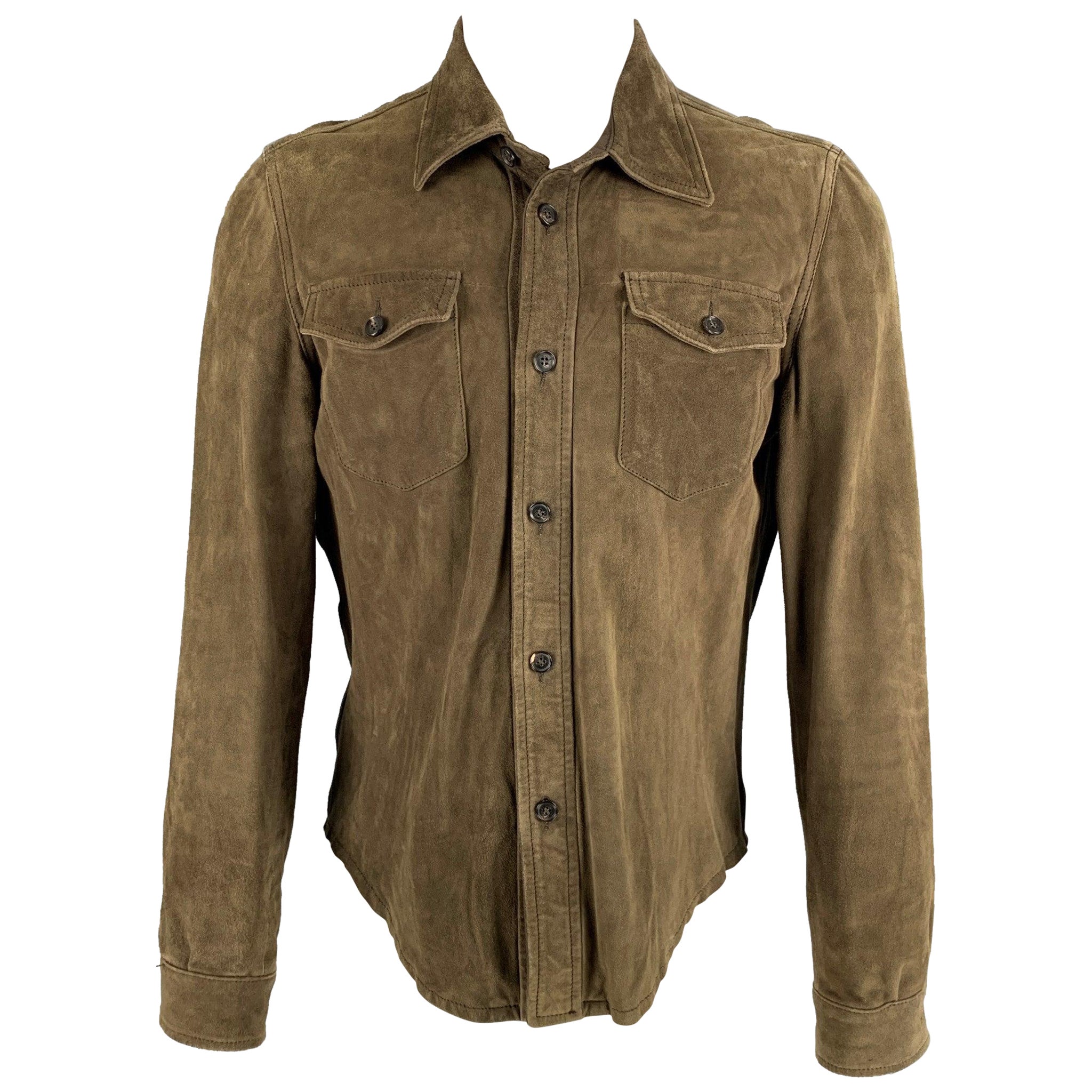 ISAIA Size 40 Olive Textured Leather Patch Pockets Long Sleeve Shirt For Sale